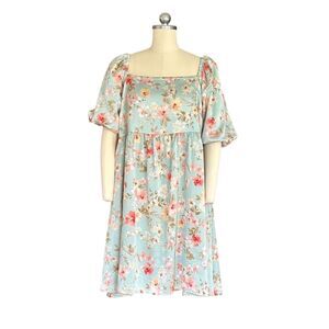 Inspired Hearts Women's 2X Green Floral A-Line Dress Long Sleeve Casual